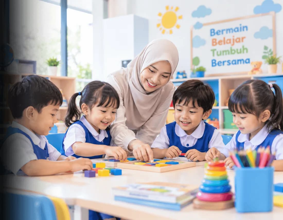 Guru dan murid belajar bersama di kelas